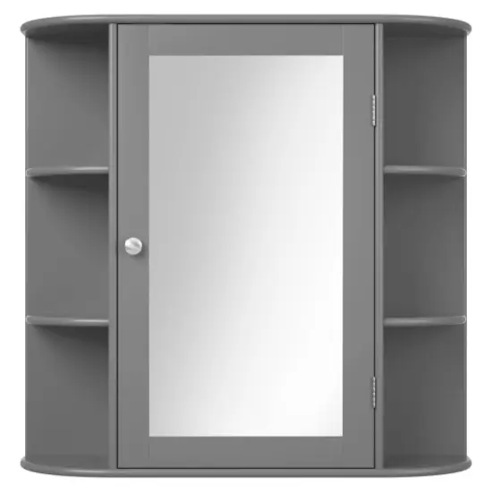 Wall Mounted Mirror Bathroom Storage Cabinet with 3 Adjustable Shelves and 6 Open Side Racks Gray {4}