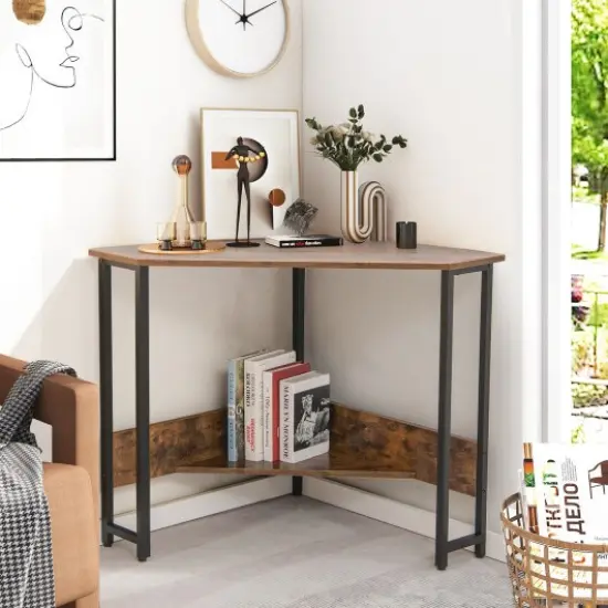 Triangle Computer Corner Desk with Charging Station Rustic Brown {2}