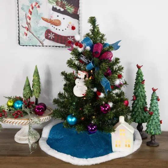 Northlight 20" Blue Glittered Mini Christmas Tree Skirt with Fur Trim {4}