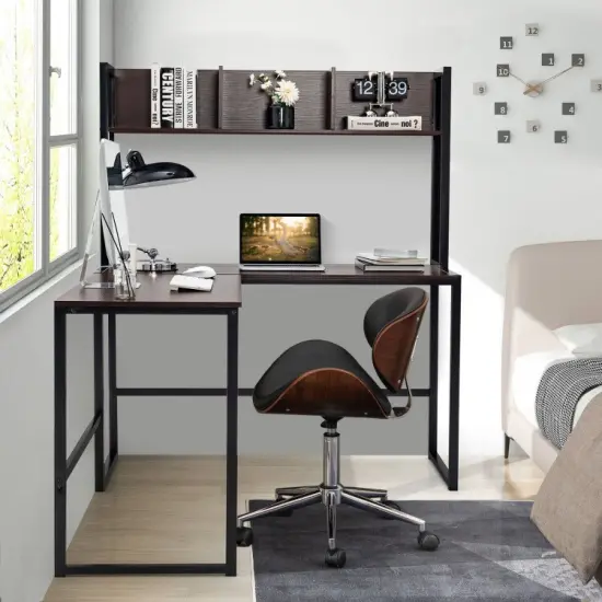 Reversible L-Shaped Corner Desk with Storage Bookshelf and Open Storage Hutch Dark Brown {5}