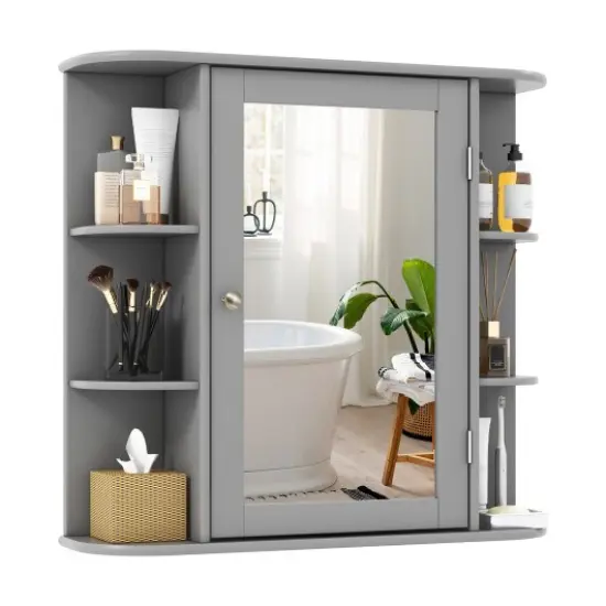 Wall Mounted Mirror Bathroom Storage Cabinet with 3 Adjustable Shelves and 6 Open Side Racks White {7}