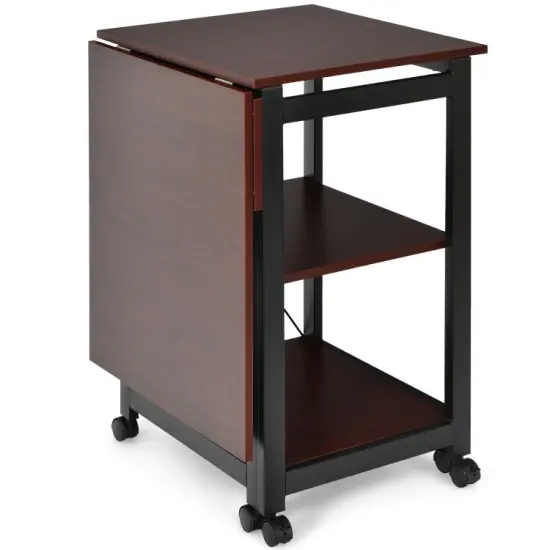 6 Universal Wheels Folding Computer Desk with 2-tier Open Storage Shelves Brown {6}