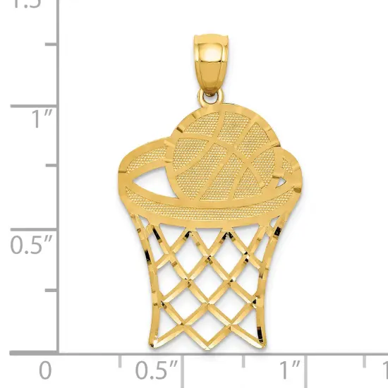 14K Yellow Gold Basketball in Hoop Charm Sports Pendant 32 X 19mm Jewerly {2}