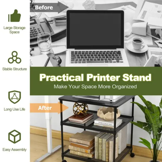 3 Tier Printer Stand Rolling Fax Cart with Adjustable Shelf and Swivel Wheels {4}