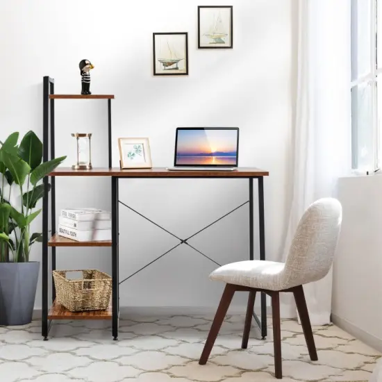 Compact Computer Desk Workstation with 4 Tier Shelves for Home and Office Brown {4}