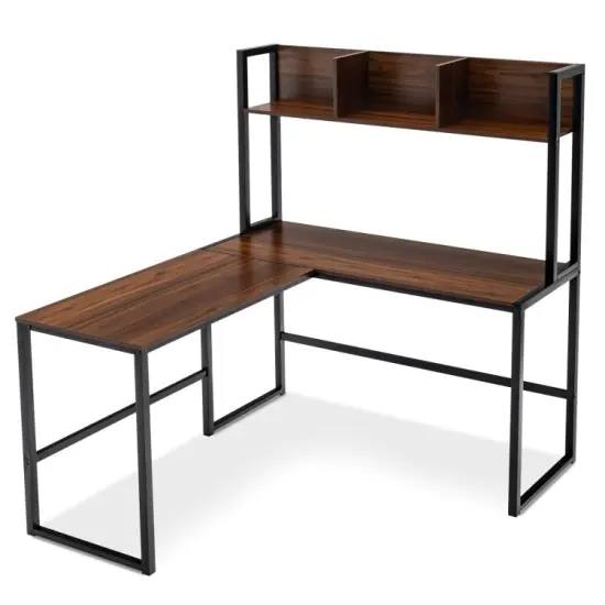 Reversible L-Shaped Corner Desk with Storage Bookshelf and Open Storage Hutch Dark Brown {9}