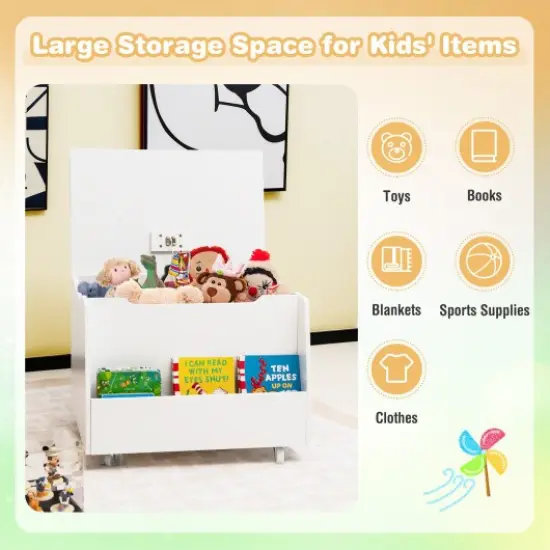 Wooden Mobile Toy Storage Organizer with Bookshelf and Lockable Wheels-White {3}