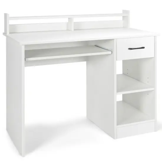 Modern Computer Desk with Large Drawer Pull-Out Keyboard Tray and Multi-Level Storage Shelf White {1}