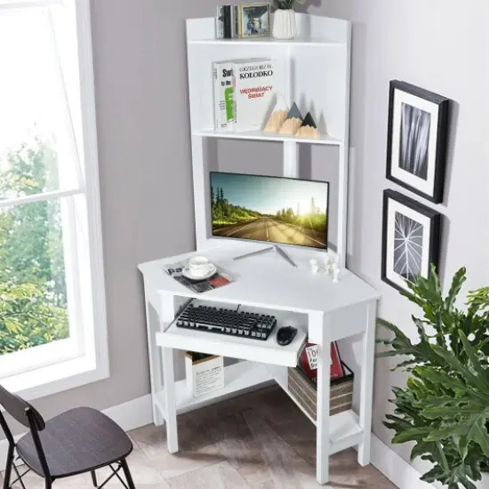 Triangle Corner Computer Desk with Open Hutch and Storage Shelves Ideal Choice for Any Room White {2}