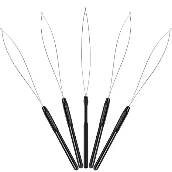 10 Pieces Hair Extension Loop Needle Threader Pulling Hook Tool and Bead Device Tool Black Loop Threader for Hair or Feather Extensions (Black) {5}