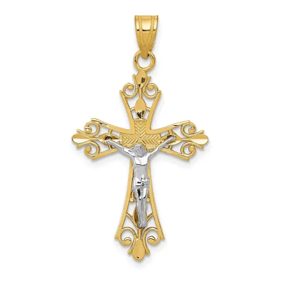 14K Two Tone Gold Diamond Cut Crucifix Pendant Charm Jewelry 35 x 20 mm {1}