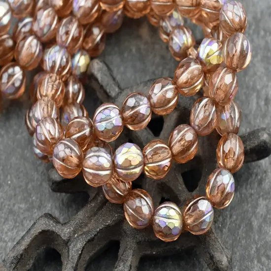 *20* 8mm Metallic Beige Washed Matte Peach AB Faceted Round Melon Beads {1}