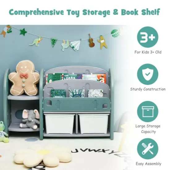 Kids Toy Storage Organizer with 2-Tier Bookshelf and Plastic Bins {2}