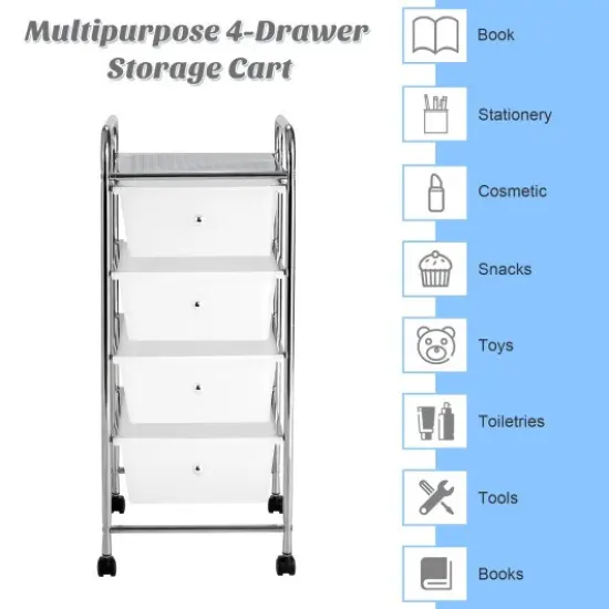 4-Drawer Cart Storage Bin Organizer Rolling with Plastic Drawers White {5}