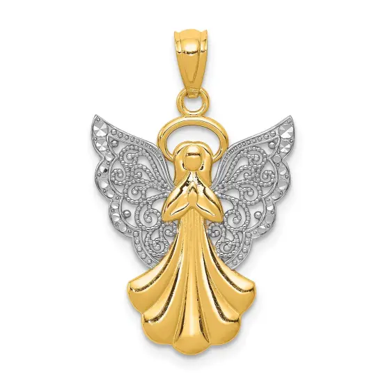 14K Gold & White Gold Filigree Angel Pendant Charm Jewelry 28 x 18 mm {1}