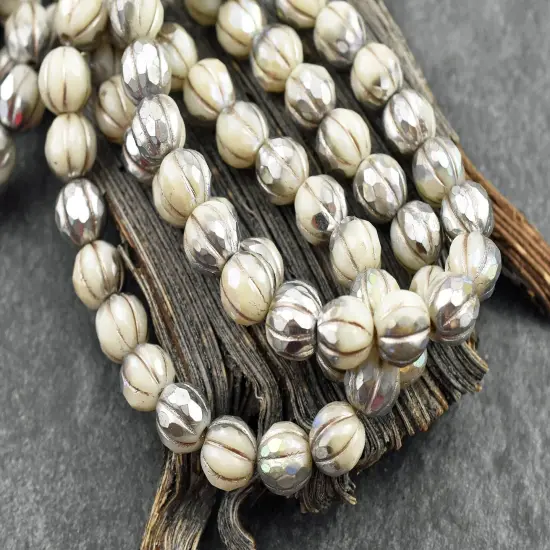 *20* 8mm Silver Washed Ivory AB Faceted Round Melon Beads {4}