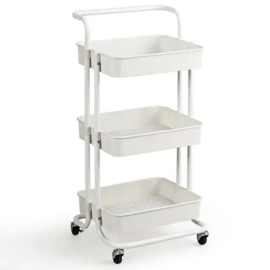 3-Tier Multi-Purpose Vertical Utility Cart with Smooth Casters Ample Storage and Drainage Design White {1}