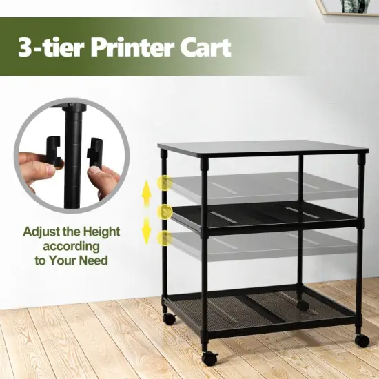 3 Tier Printer Stand Rolling Fax Cart with Adjustable Shelf and Swivel Wheels {3}