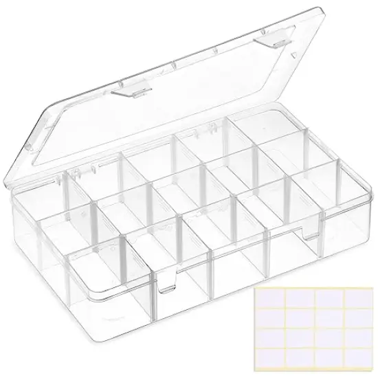 SGHUO 15 Grids Large Clear Plastic Organizer Storage Box Container Craft Storage with Adjustable Dividers for Beads, Art DIY, Crafts, Jewelry, Fishing Tackle with Label Stickers {1}