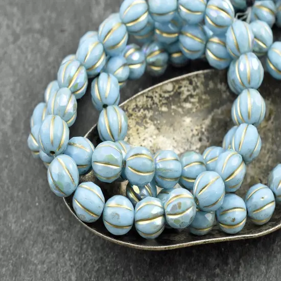 *20* 8mm Gold Washed Sky Blue AB Faceted Round Melon Beads {4}