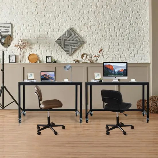 Wood Top Metal Frame Rolling Computer Desk Laptop Table-Black {4}