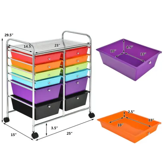 Mobile 12-Drawer Storage Organizer Cart with Ventilated Top Locking Wheels and Sturdy Frame Multi {5}