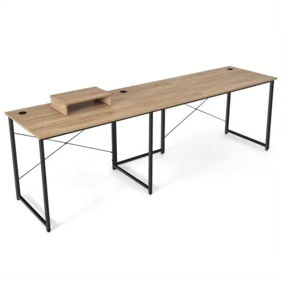 2-Person L-Shaped Long Reversible Computer Desk with Monitor Stand and Steel Frame Rustic Brown {8}