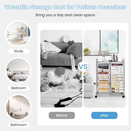 15-Drawers Multi-Use Rolling Storage Organizer Cart with Chrome Finish Steel Frame Perfect for Any Room Transparent {5}