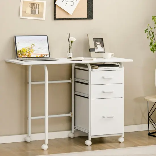 Folding Computer Laptop Desk Wheeled Home Office Furniture White {4}