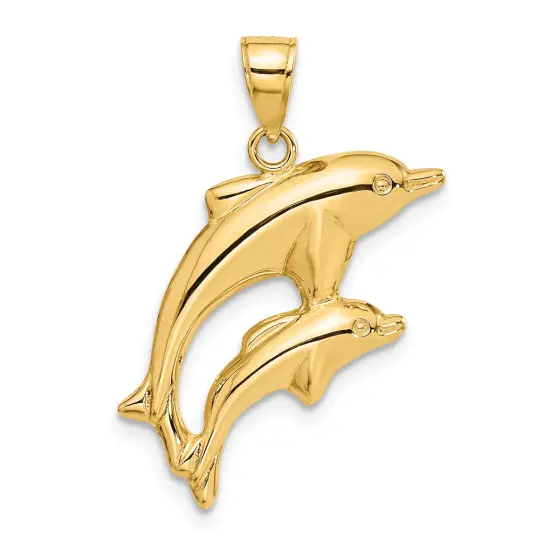 14K Gold Jumping Double Dolphin Charm Ocean Pendant Jewerly 24mm x 18mm {1}