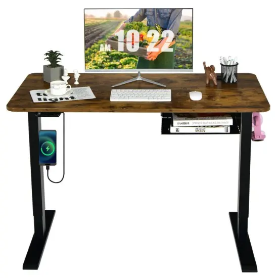 48-inch Electric Height Adjustable Standing Computer Workstation with USB Port and Hanging Hook Rustic Brown {8}