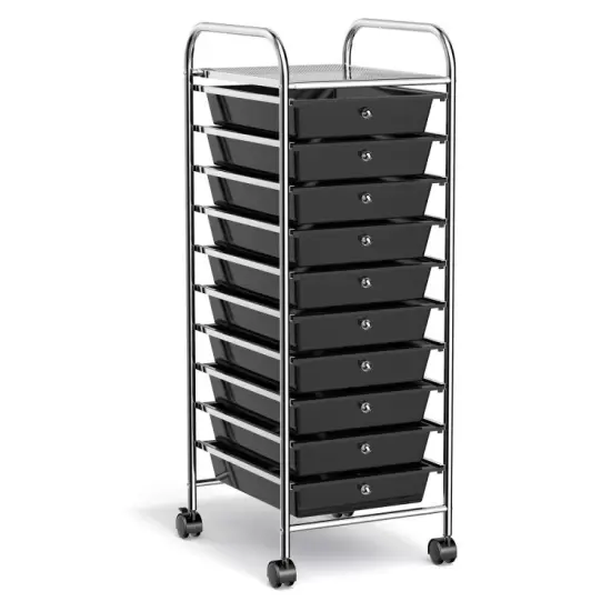 10-Drawer Rolling Storage Cart with Lockable Wheels and Steel Frame for Home or Office Use Transparent {11}