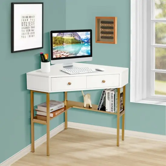 Space Saving Corner Computer Desk with 2 Large Drawers and Storage Shelf- Golden {4}