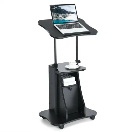 Adjustable Mobile Standing Desk Cart with Tilt Desktop and Cabinet-Black {3}