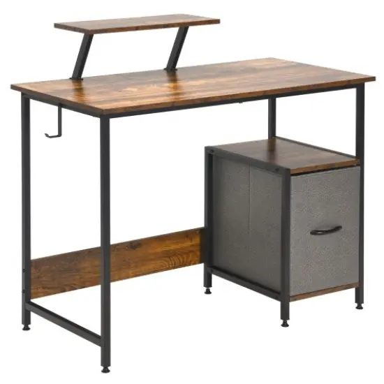 Computer Desk with Reversible Storage Drawer and Moveable Shelf-Brown {1}