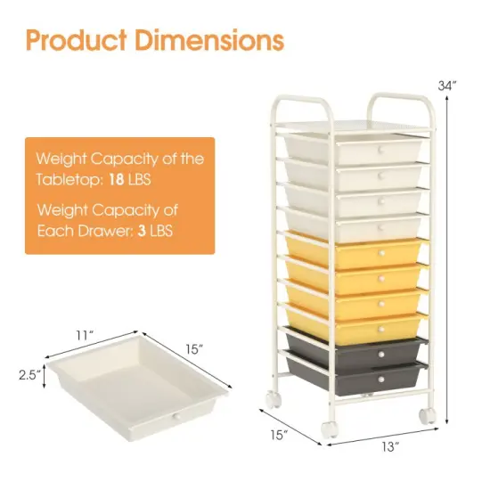 10-Drawer Rolling Storage Cart with Lockable Wheels and Steel Frame for Home or Office Use Yellow {6}