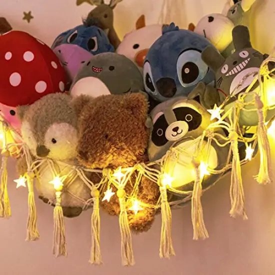 Stuffed Animal Toy Storage Hammock with LED Light-Macrame Jumbo Doll Room Corner Organizer Mesh Decoration-Hanging Storage Nets Kids Bedroom, (X-Large Size) {2}