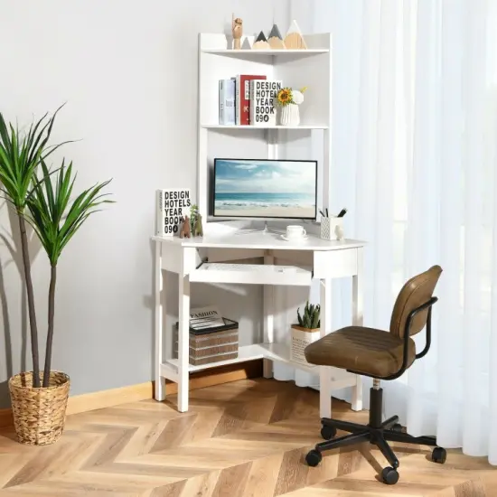 Triangle Corner Computer Desk with Open Hutch and Storage Shelves Ideal Choice for Any Room White {4}