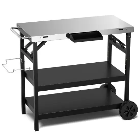 3 Tiers Fold-able Outdoor Cart on 2 Wheels with Phone Holder {1}