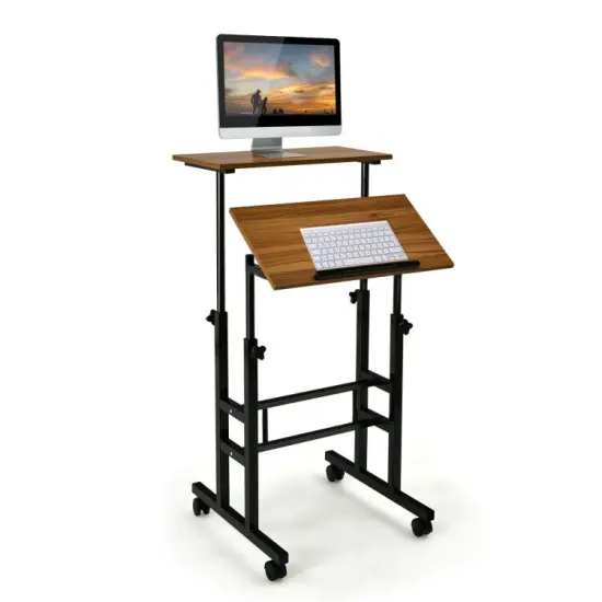 Height Adjustable Mobile Standing Desk with rolling wheels for office and home Natural {7}
