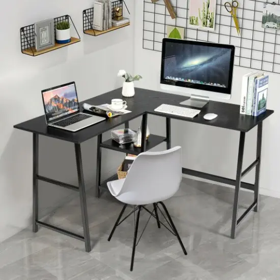 L Shaped Corner Computer Desk with Storage Shelves and Heavy Duty Metal Frame Black {1}