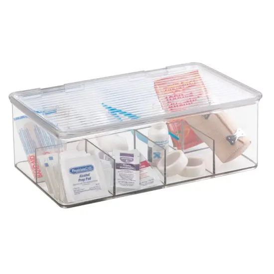 mDesign Plastic Divided First Aid Storage Box Kit, Hinge Lid for Bathroom, Clear {1}
