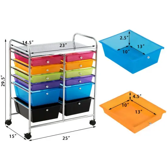 Mobile 12-Drawer Storage Organizer Cart with Ventilated Top Locking Wheels and Sturdy Frame Deep Multicolor {6}