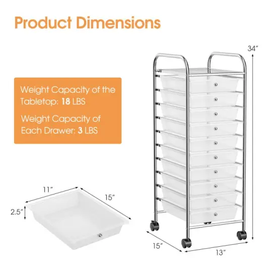 10-Drawer Rolling Storage Cart with Lockable Wheels and Steel Frame for Home or Office Use Transparent {6}
