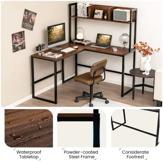 Reversible L-Shaped Corner Desk with Storage Bookshelf and Open Storage Hutch Walnut {6}
