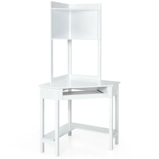 Triangle Corner Computer Desk with Open Hutch and Storage Shelves Ideal Choice for Any Room White {8}