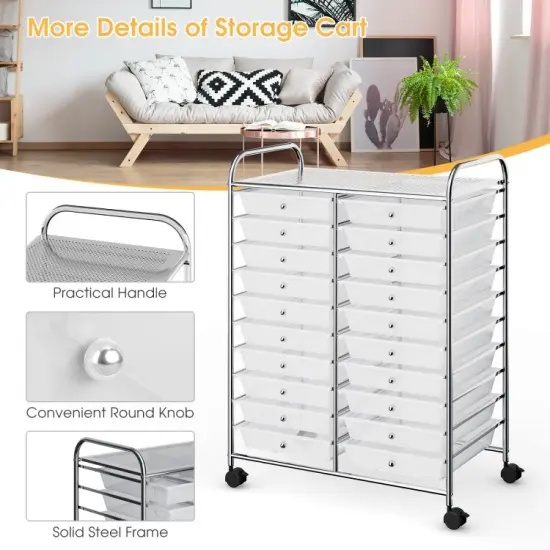 20-Drawer Mobile Storage Organizer Cart with Brake Wheels and Steel Frame for Home or Office Use Clear {5}