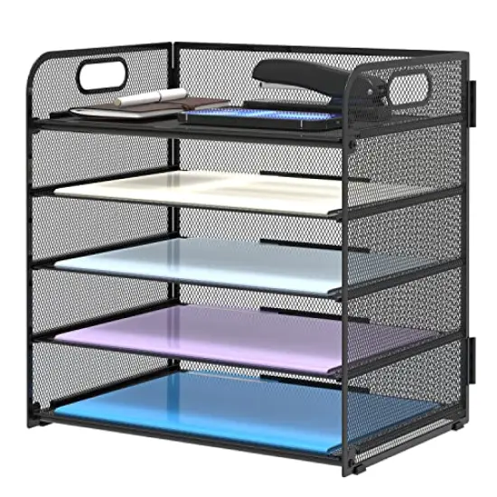 5 Trays Paper Organizer with Handle - Mesh Desk File/Letter Organizer,Black Paper Sorter for Office, Home or School {2}