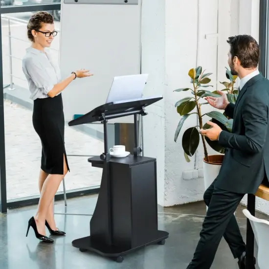 Adjustable Mobile Standing Desk Cart with Tilt Desktop and Cabinet-Black {5}