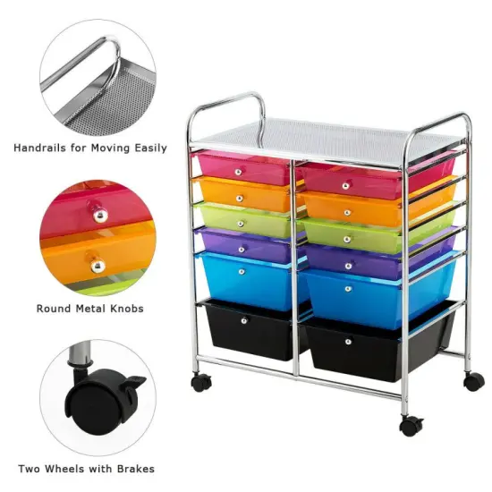 Mobile 12-Drawer Storage Organizer Cart with Ventilated Top Locking Wheels and Sturdy Frame Deep Multicolor {5}